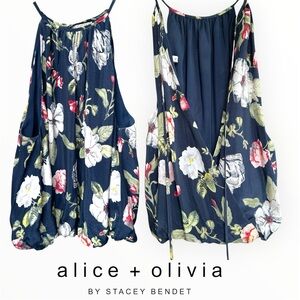 NWOT Alice + Olivia Silk Navy Floral Halter Tie-Back Gathered High Neck Top XS